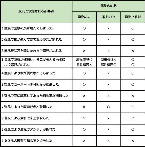 表：保険の対象と主な対象物